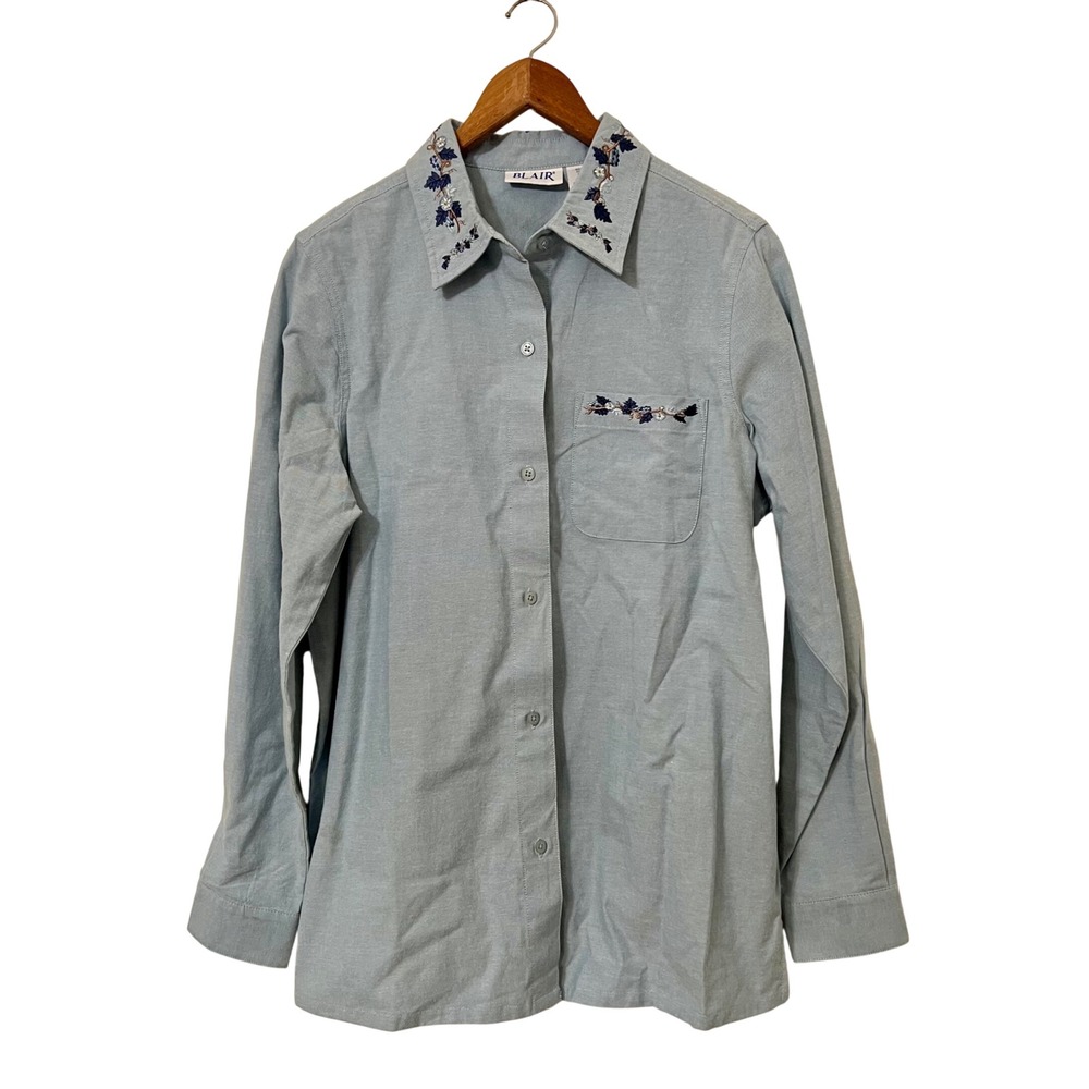 Blair Womens M Blue Cotton Embroidered Floral Button Down Cottage Shabby Chic